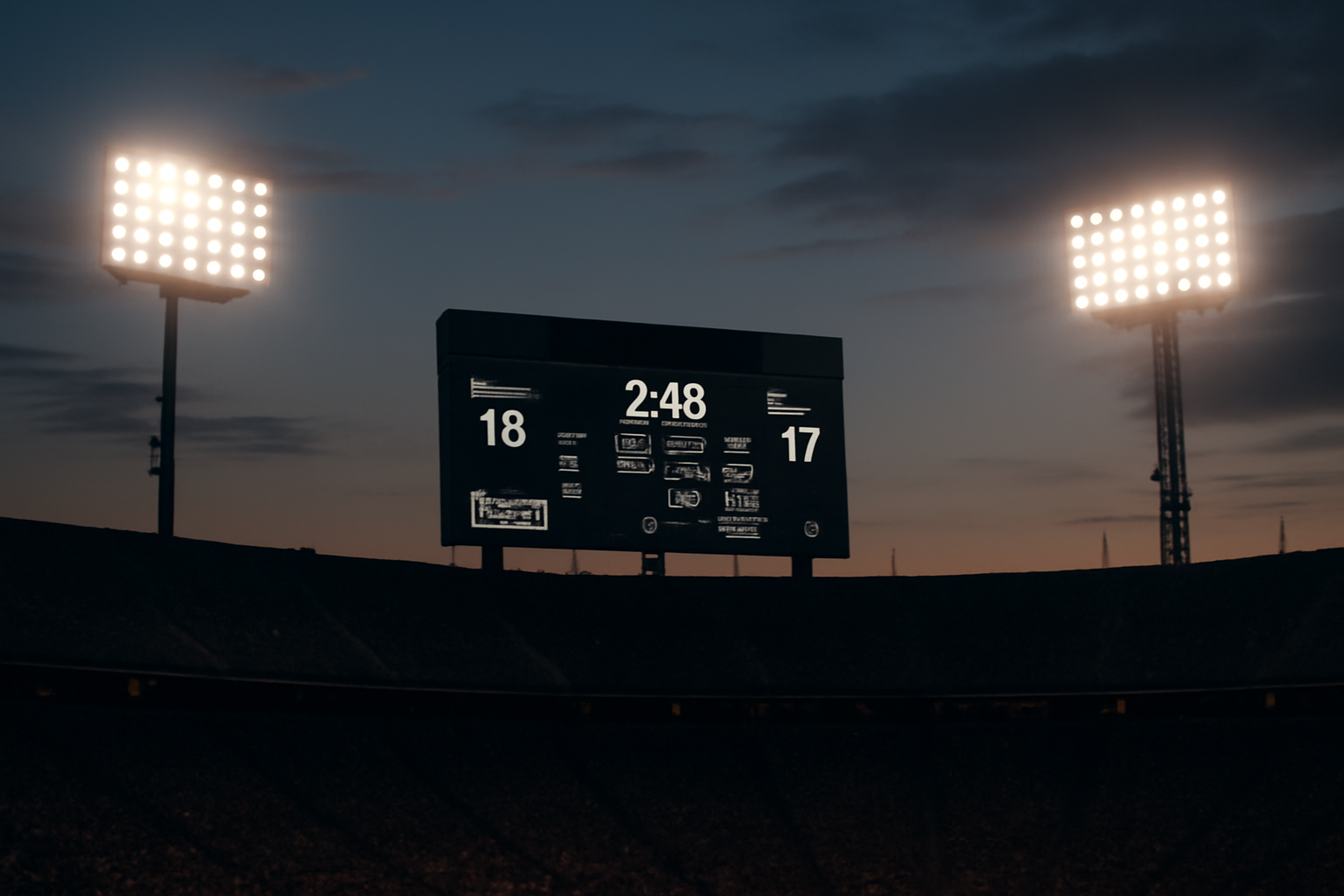 A stadium scoreboard displaying live football game statistics under bright lights