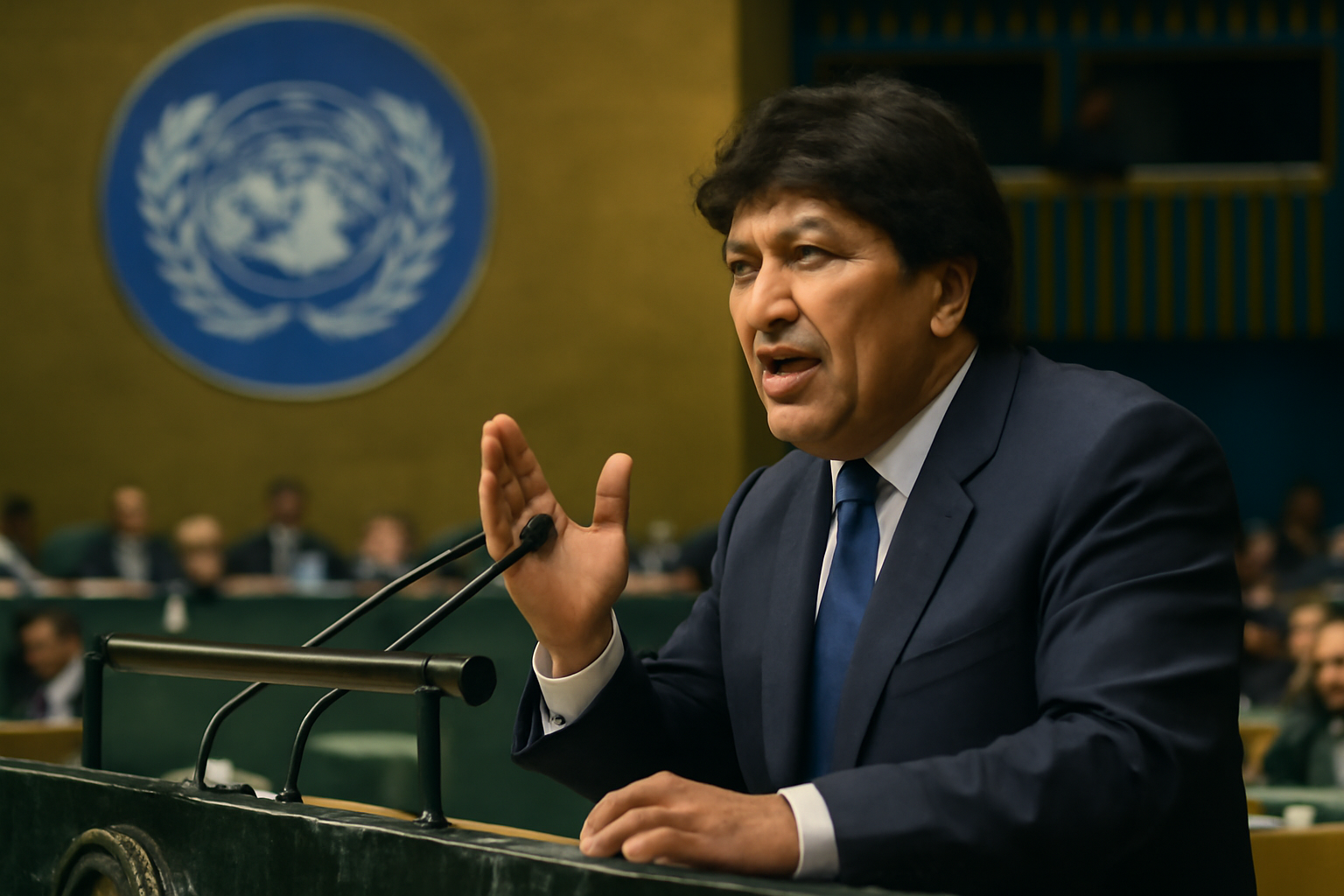 Argentine President Javier Milei speaking at a podium during a UN General Assembly session in New York