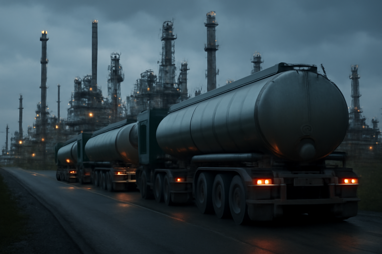 Diesel fuel tanker trucks lined up near an oil refinery under an overcast sky