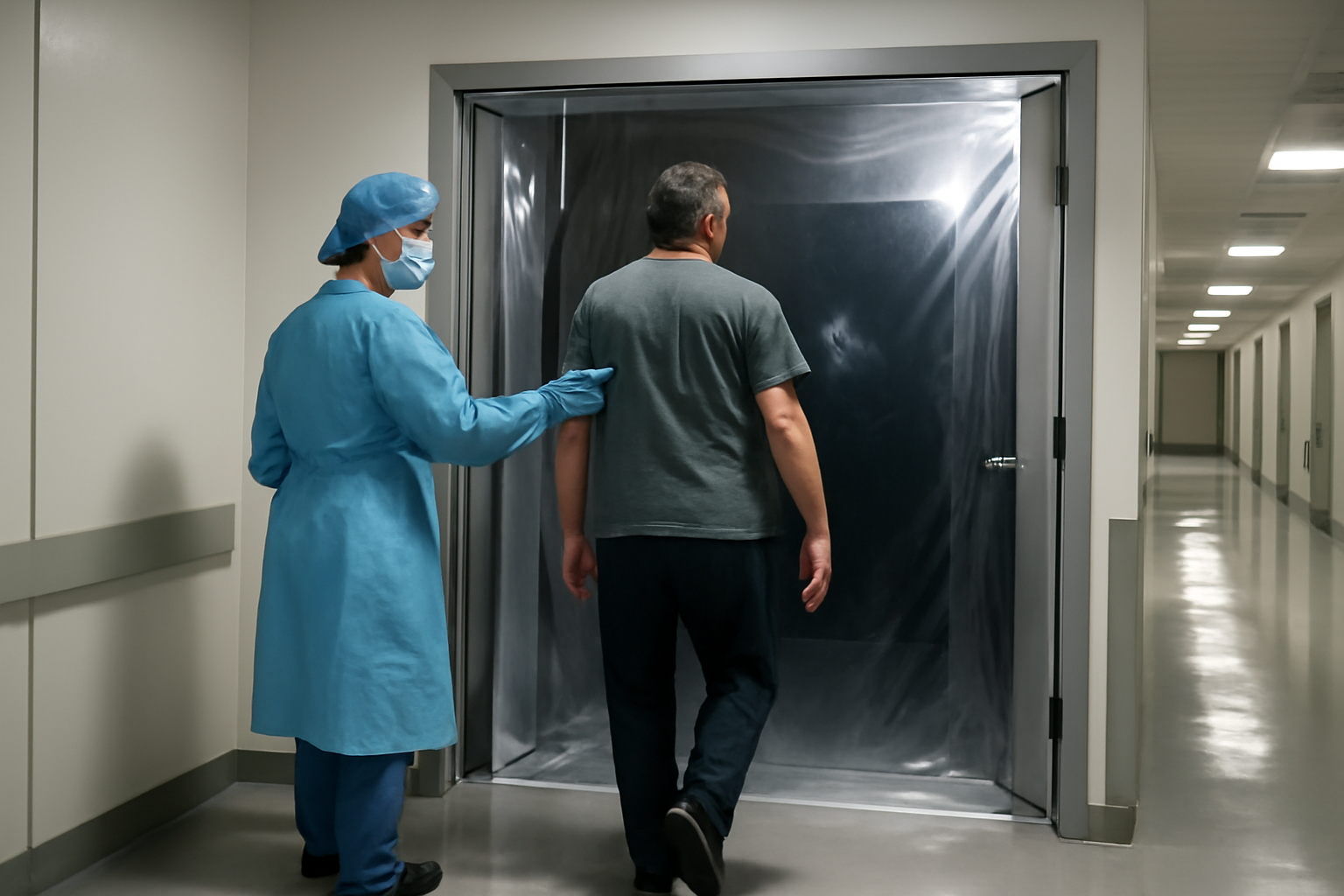 A hospital staff member in protective mask escorting a patient through a negative-pressure isolation room doorway