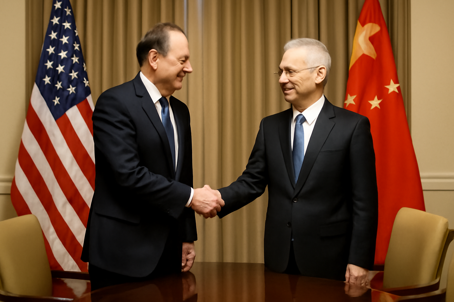 US Treasury Secretary Scott Bessent shaking hands with a Chinese official at a formal meeting table with American and Chinese flags