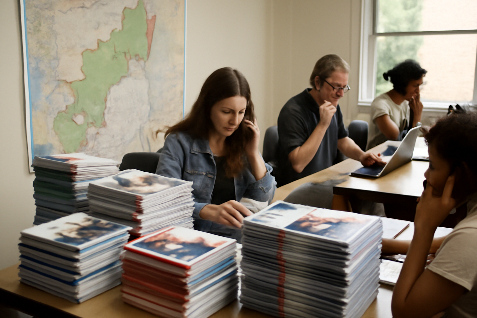 Campaign mailers and voter outreach materials on a table in a Hudson Valley district office