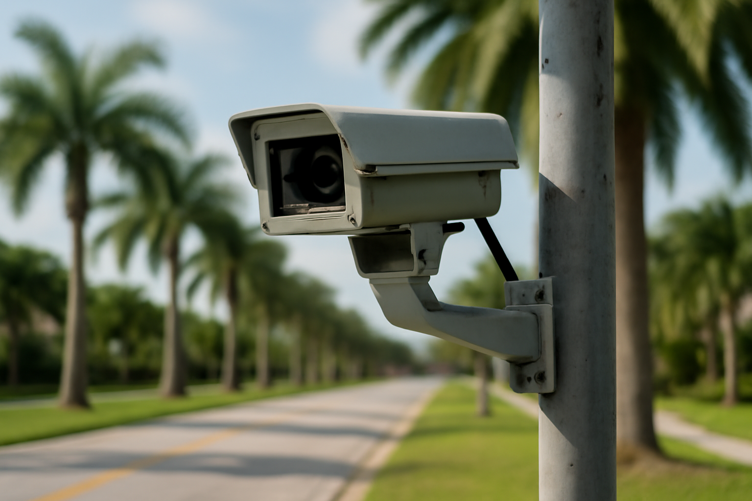 A Flock Safety license-plate camera mounted on a roadside pole in Florida