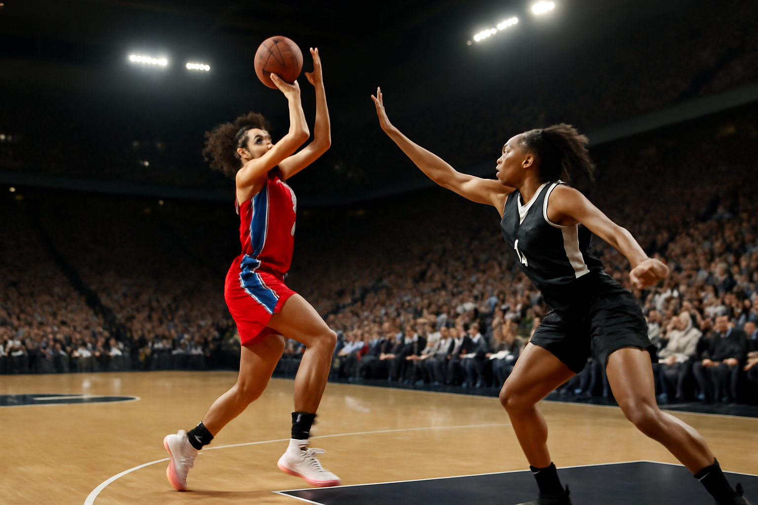 A WNBA guard in a Wings jersey shoots an off-balance three-pointer near the baseline as defenders close in during a playoff game.