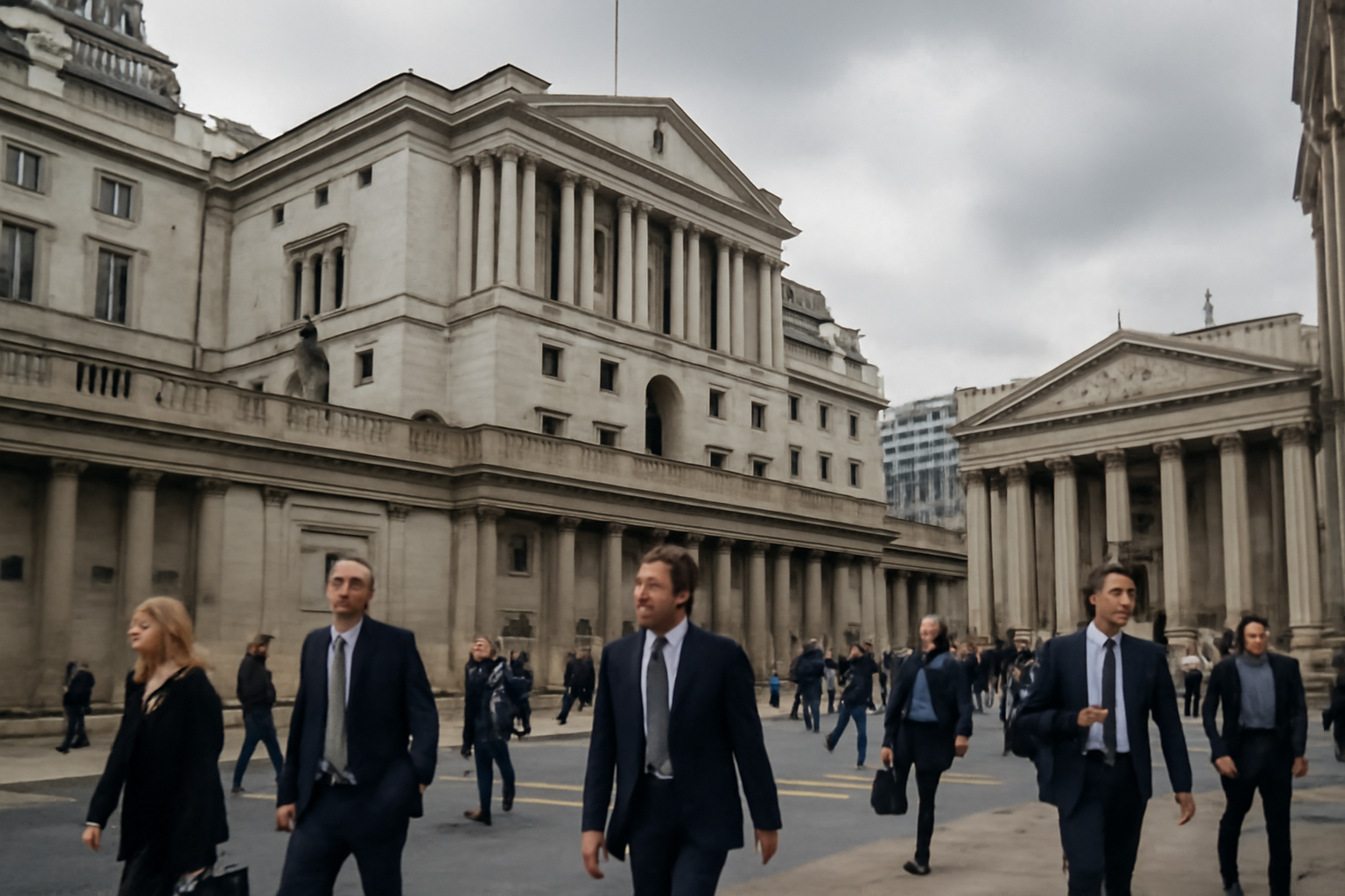 A London financial district street with the Bank of England building visible under an overcast sky
