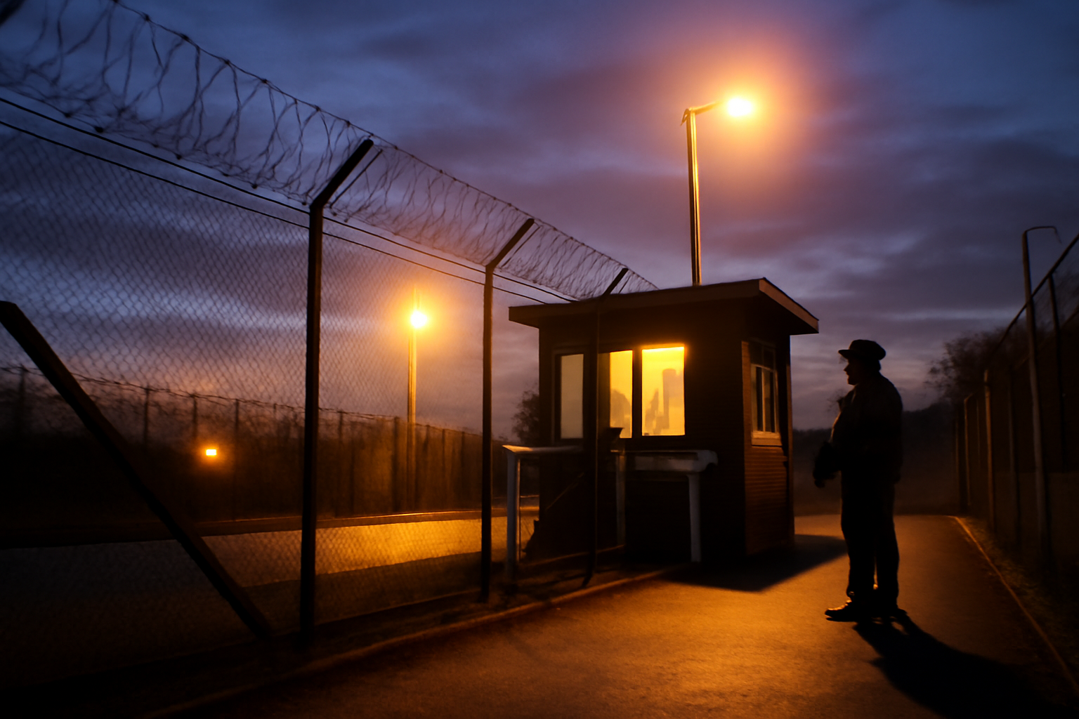 Security fencing and a guard checkpoint outside a British military installation at dusk
