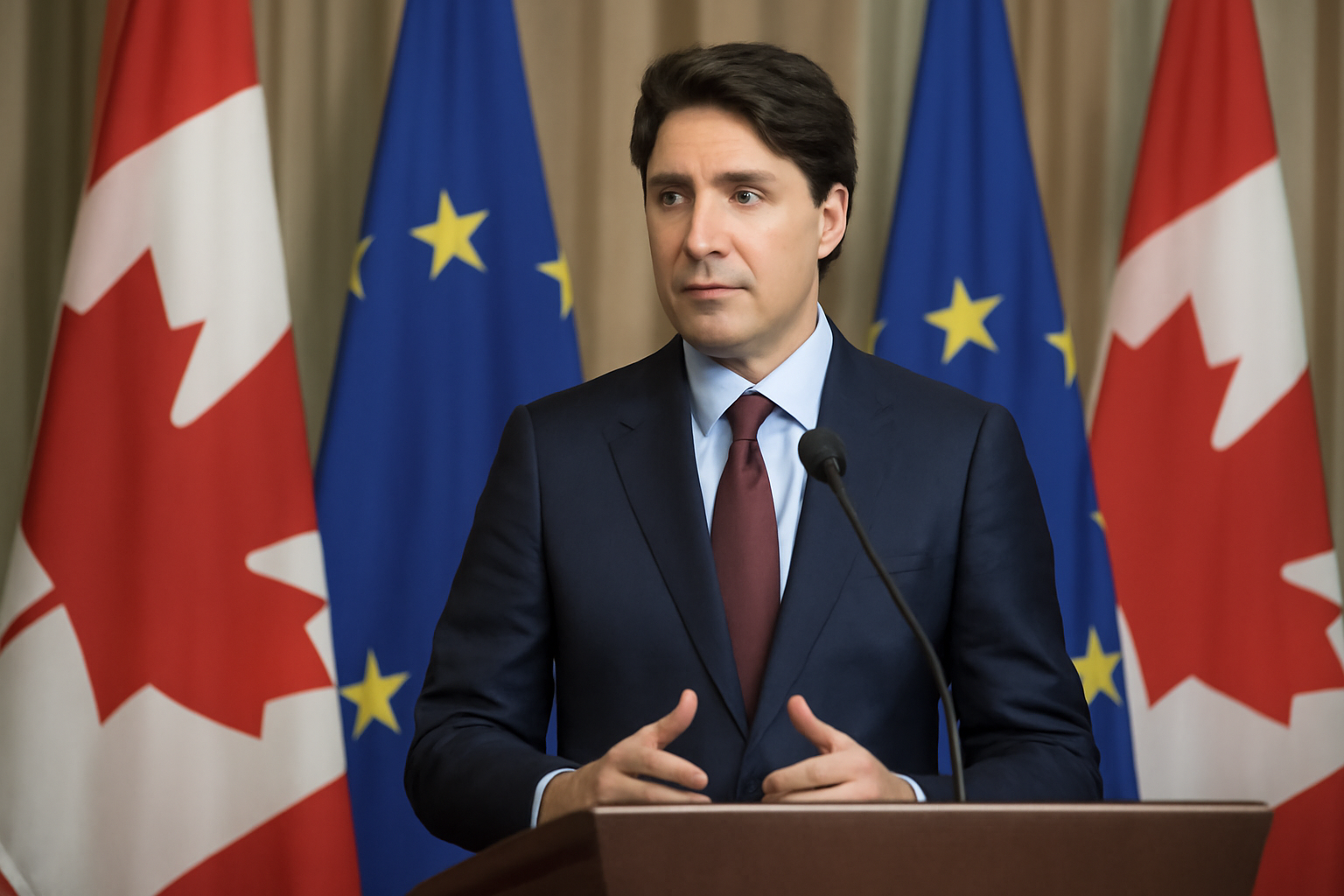 Canadian Prime Minister Mark Carney speaking at a podium during an official visit