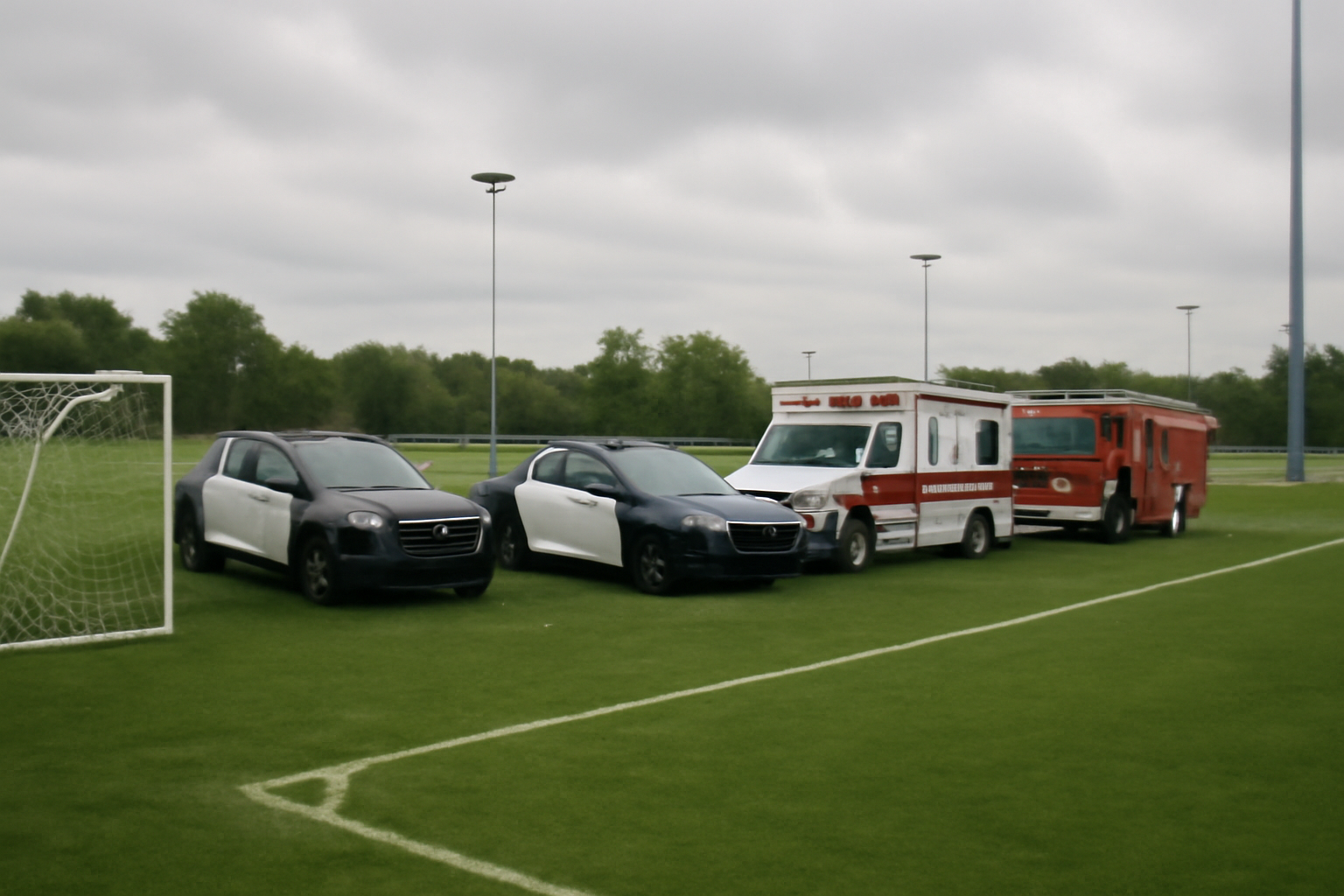 Police vehicles and emergency responders at a youth soccer field complex in Wichita, Kansas