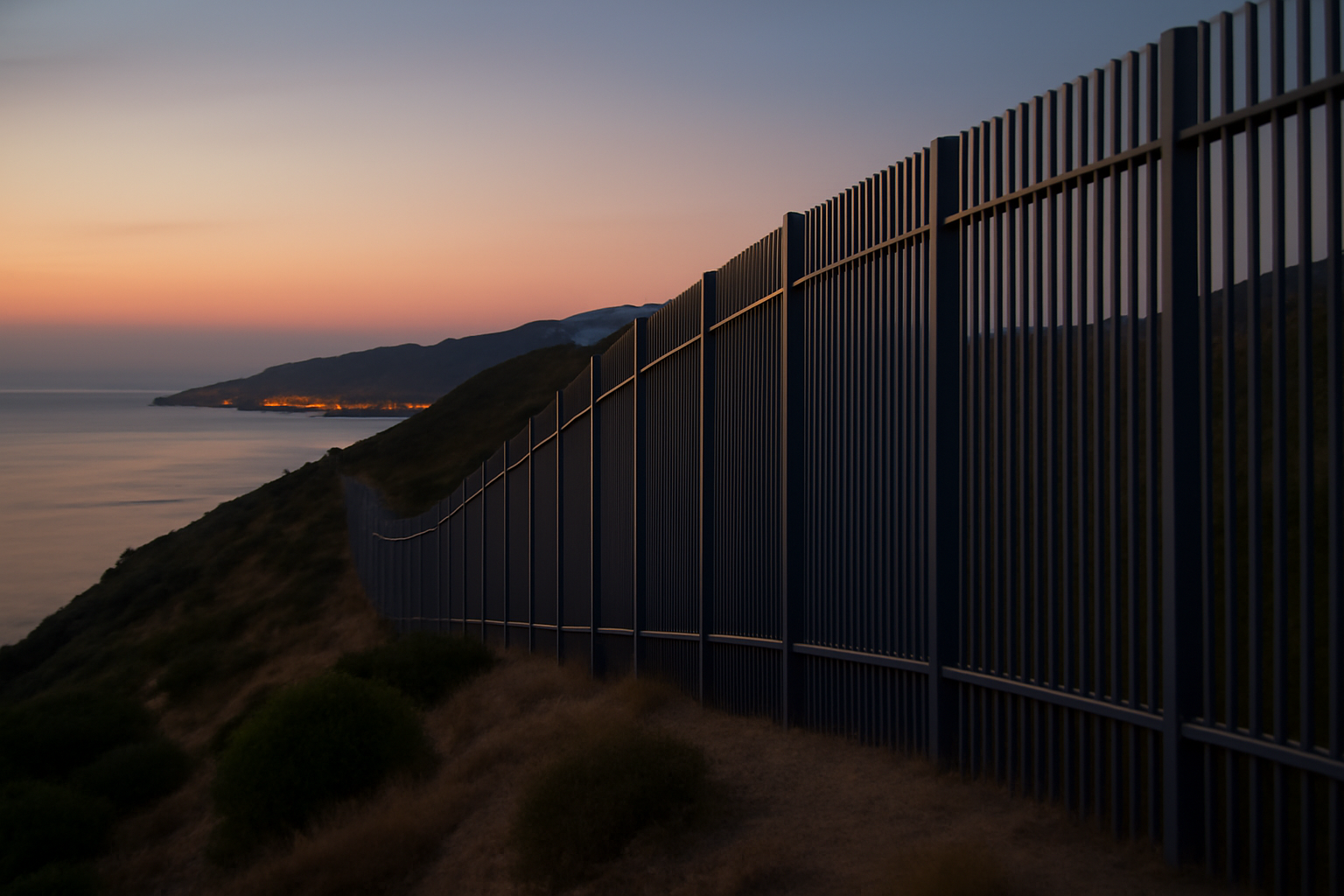 Border fence separating Ceuta from Morocco along a hillside coastal terrain