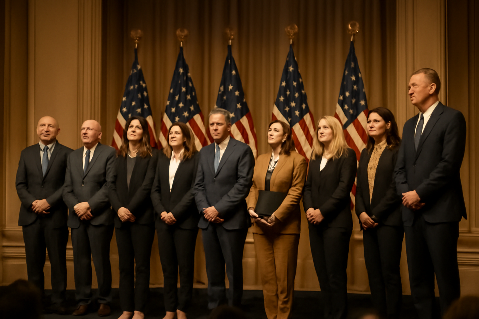 A row of technology executives and the president standing together at a Washington ceremony with American flags behind them