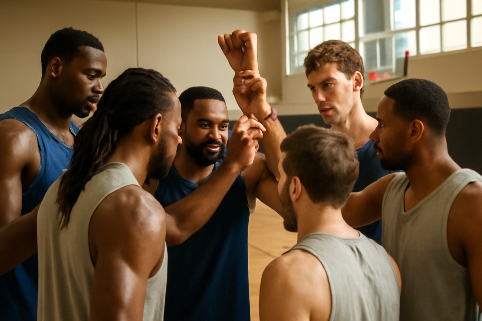 Philadelphia 76ers players huddle on the court during a preseason practice session