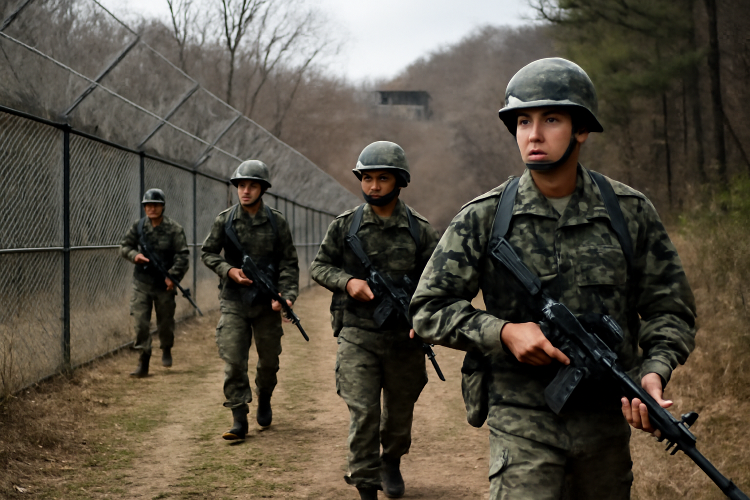 South Korean soldiers patrol a fenced section of the demilitarized zone near the inter-Korean border