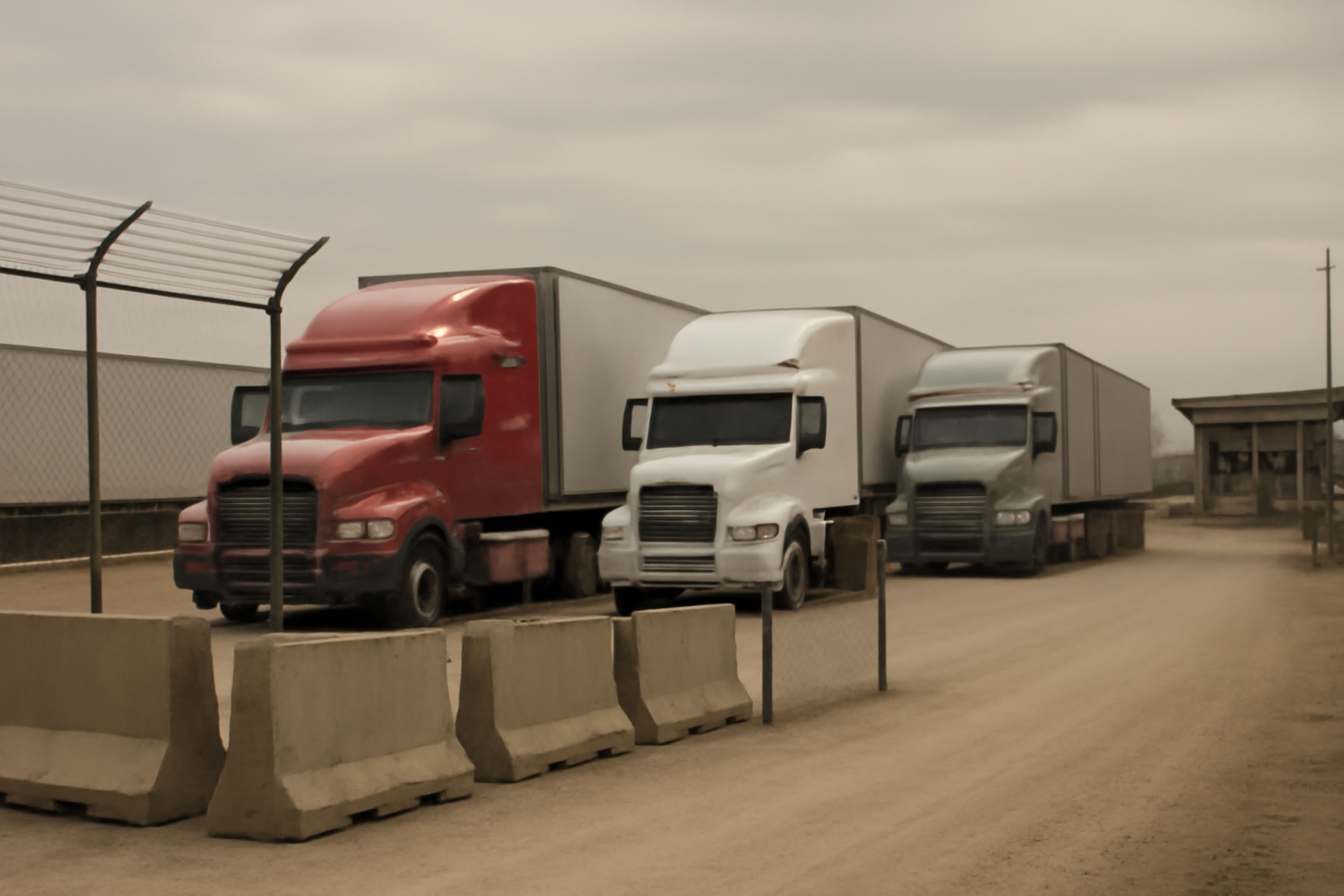 Trucks idle at a Gaza border crossing gate with cargo containers in the background