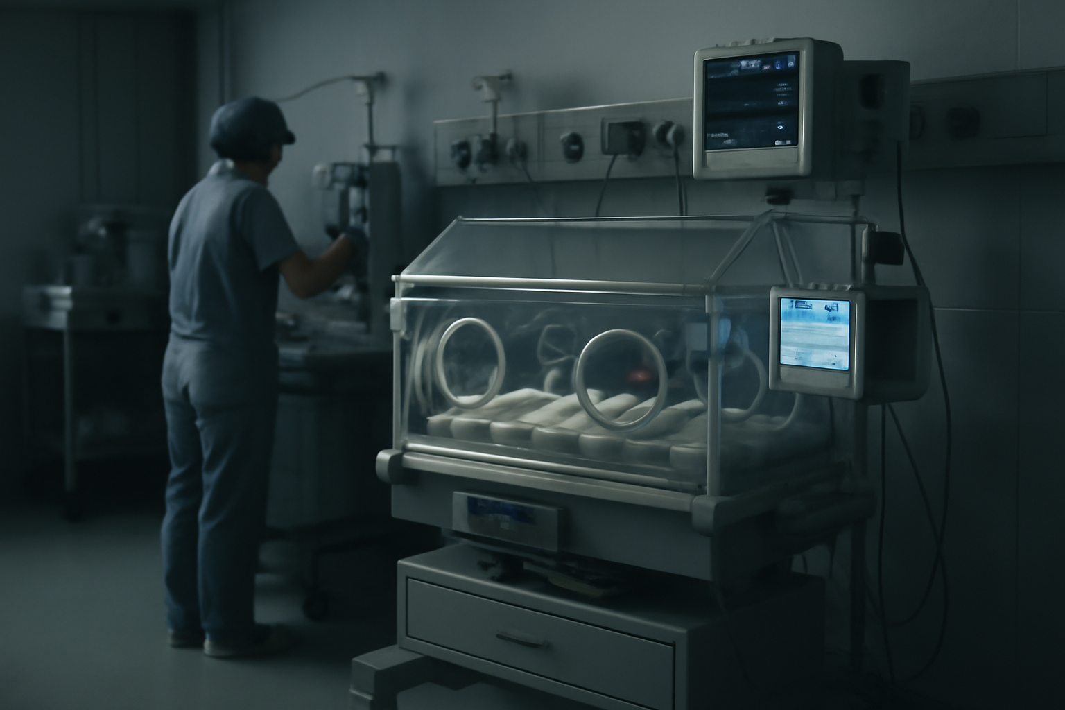 Neonatal intensive care unit incubator with monitoring equipment in a hospital setting