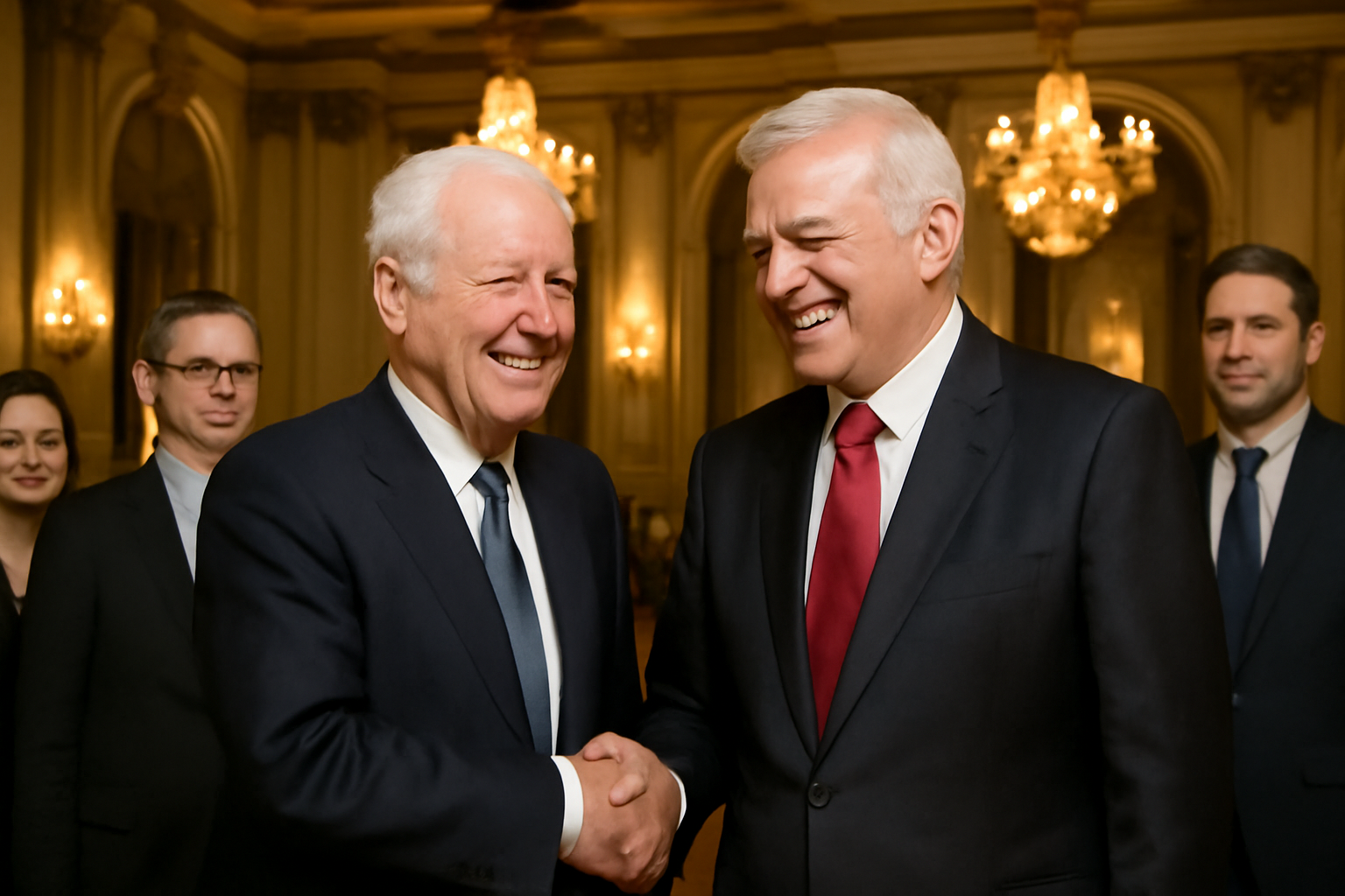 Two officials shaking hands and posing for photos inside a hotel ballroom in Manhattan