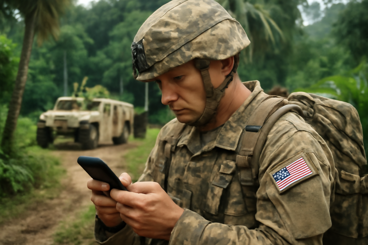 Soldier checking a smartphone screen while standing near military vehicles during a field exercise