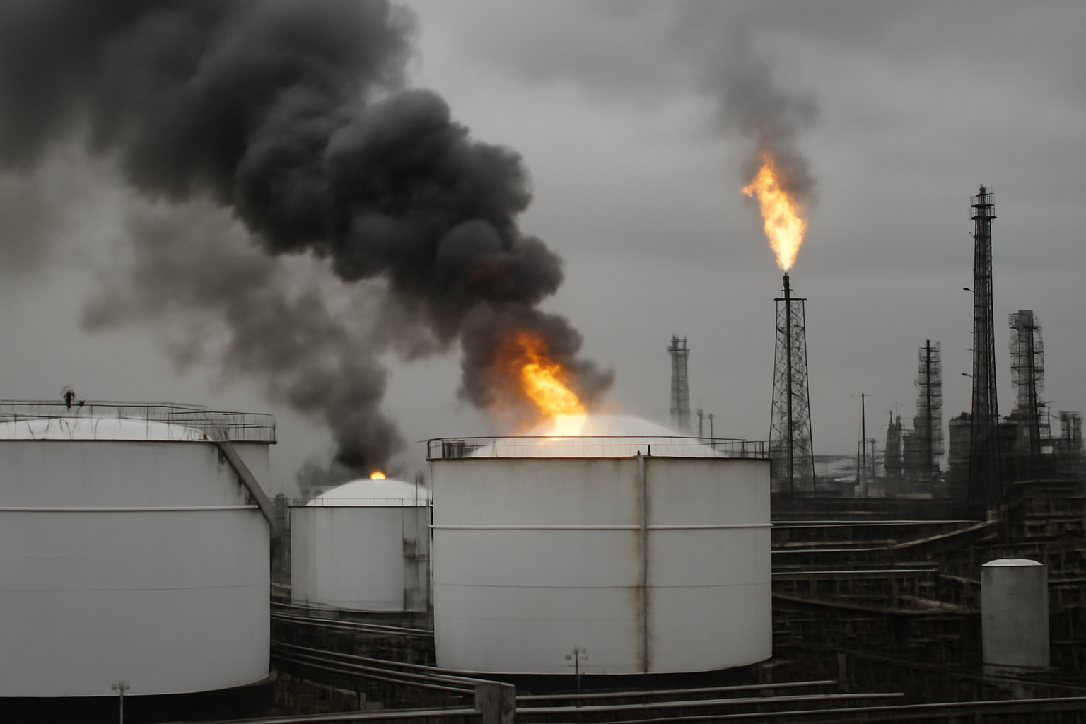 Smoke rising from an industrial oil refinery complex under an overcast sky