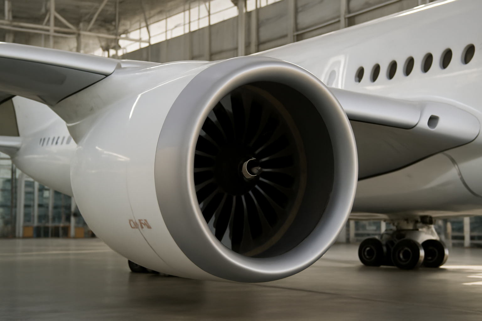 Rolls-Royce Trent XWB jet engine mounted on an Airbus A350 wing on a tarmac