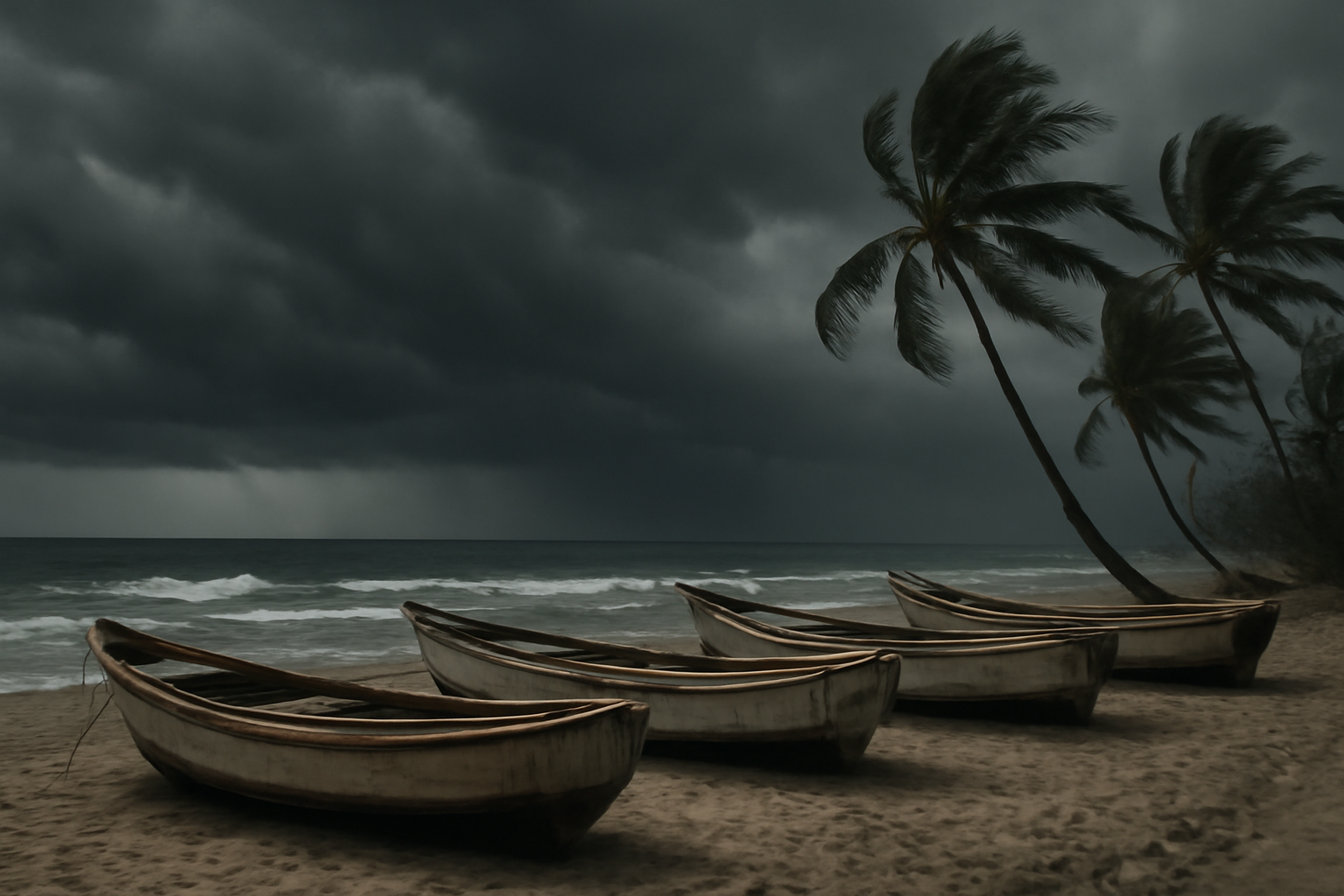 Fishing boats pulled onto a beach ahead of an approaching hurricane in Acapulco, Mexico