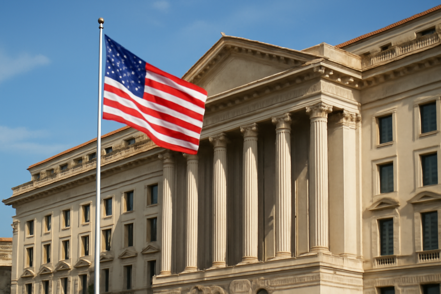 Exterior of a federal government building with an American flag against a blue sky