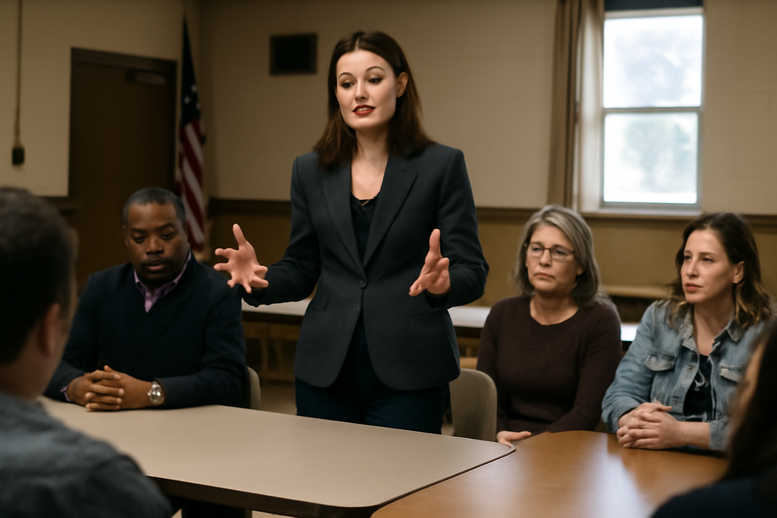 Kamala Harris speaking at a campaign roundtable event with local officials seated at a table