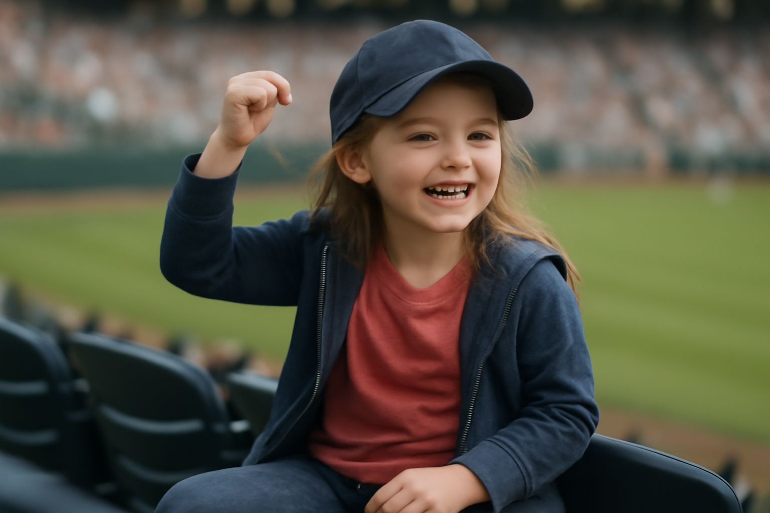 A young girl in a baseball stadium holds up her throwing arm after catching a home run ball