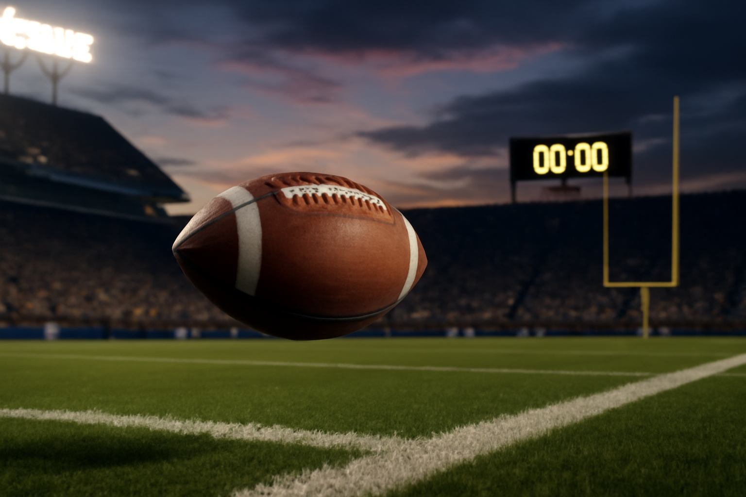 A college football sailing toward the end zone as a stadium clock reads zero