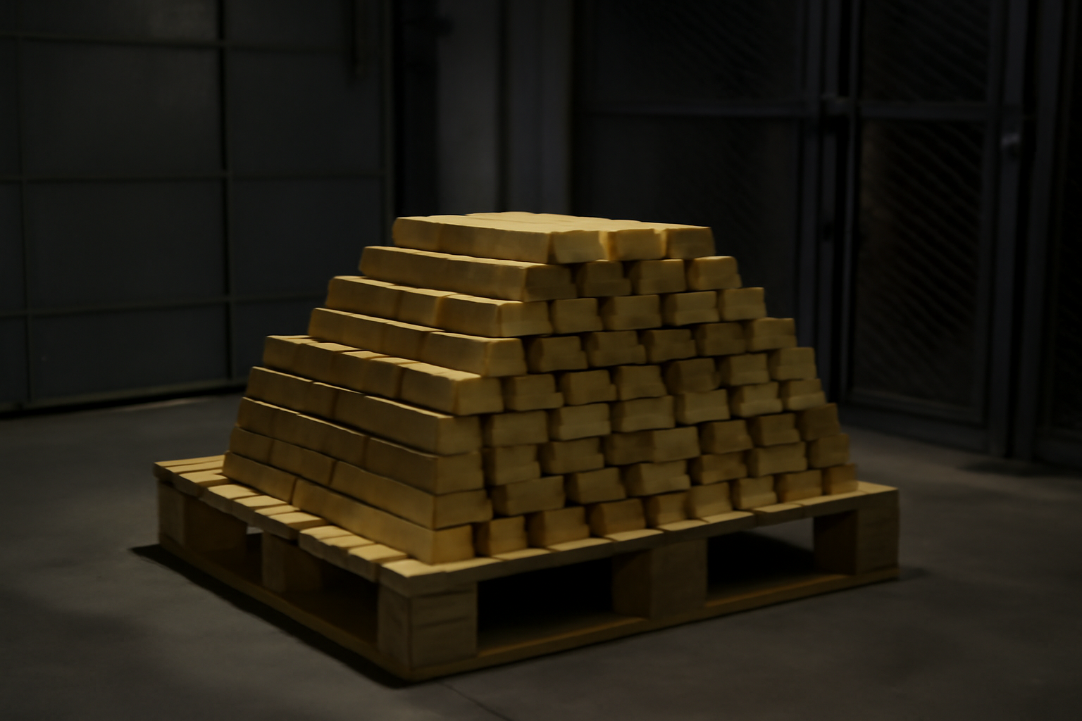 Gold bars stacked on a pallet inside a secured shipping facility