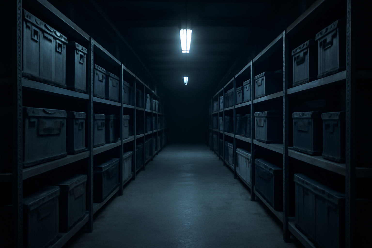 Dim archival storage shelves evoking a fictional containment facility, lit by a single overhead light