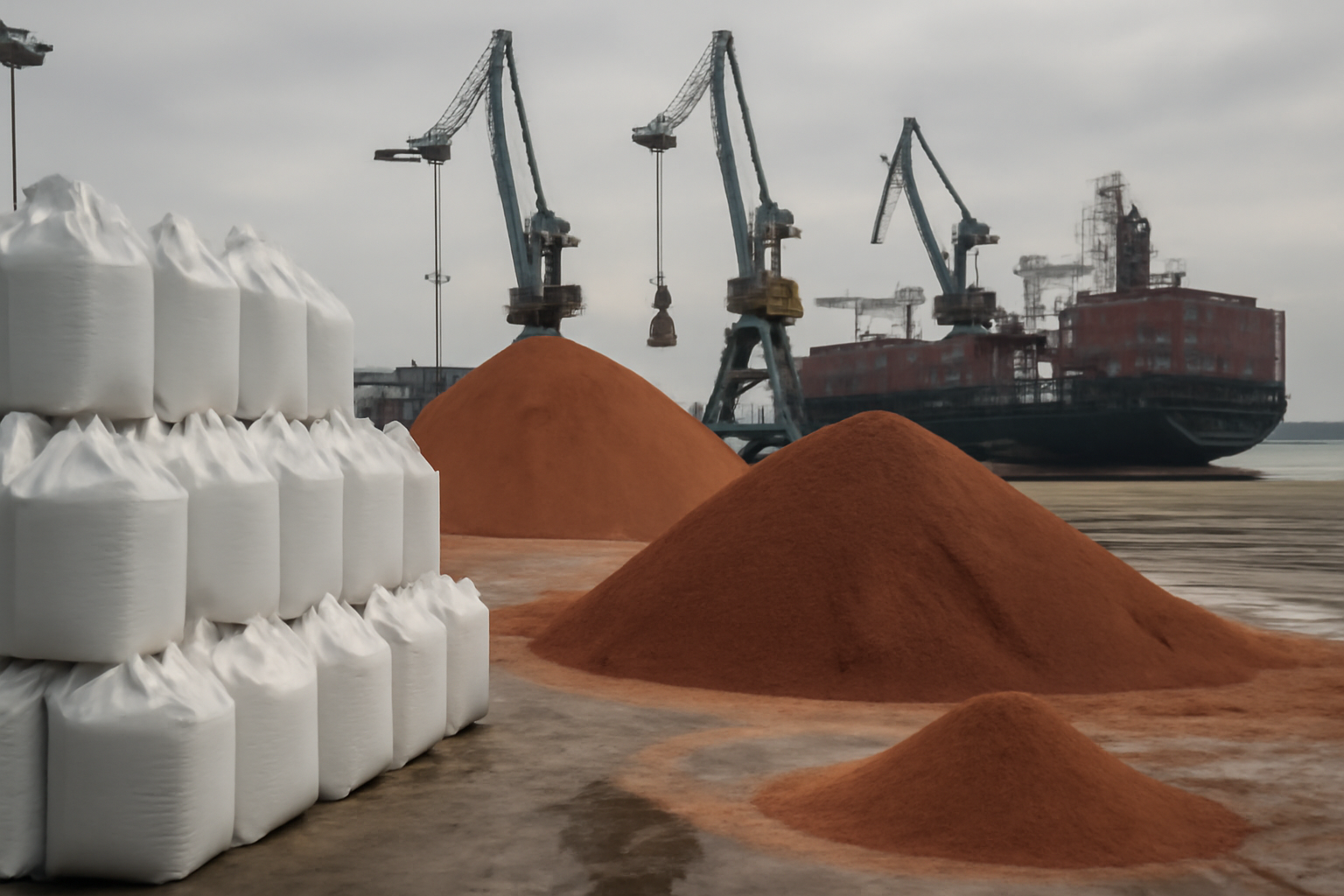 Bags of potash fertilizer stacked at a shipping terminal with cargo cranes in the background