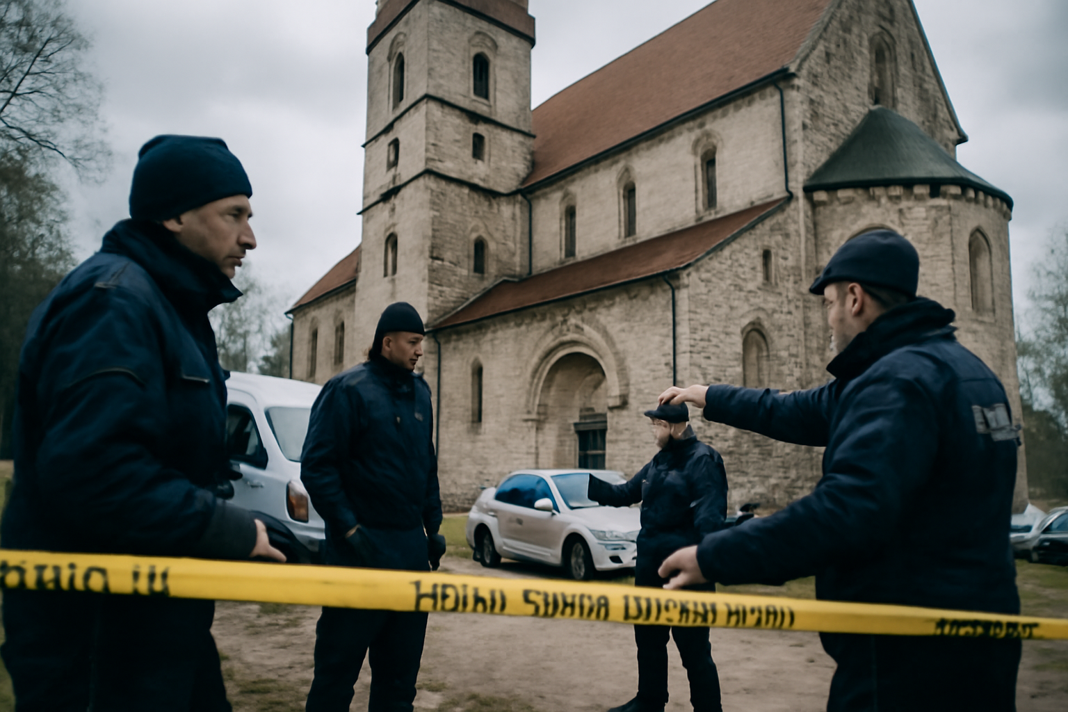 Police officers taping off the entrance to a stone abbey building in Jaroslaw, Poland