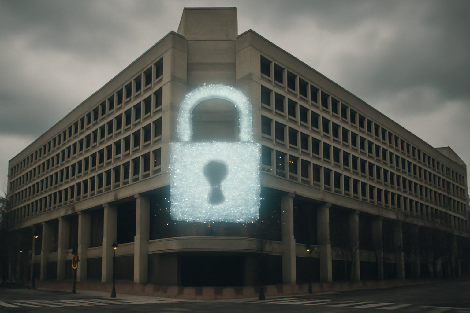 FBI headquarters building exterior with a padlock icon overlay symbolizing a data breach