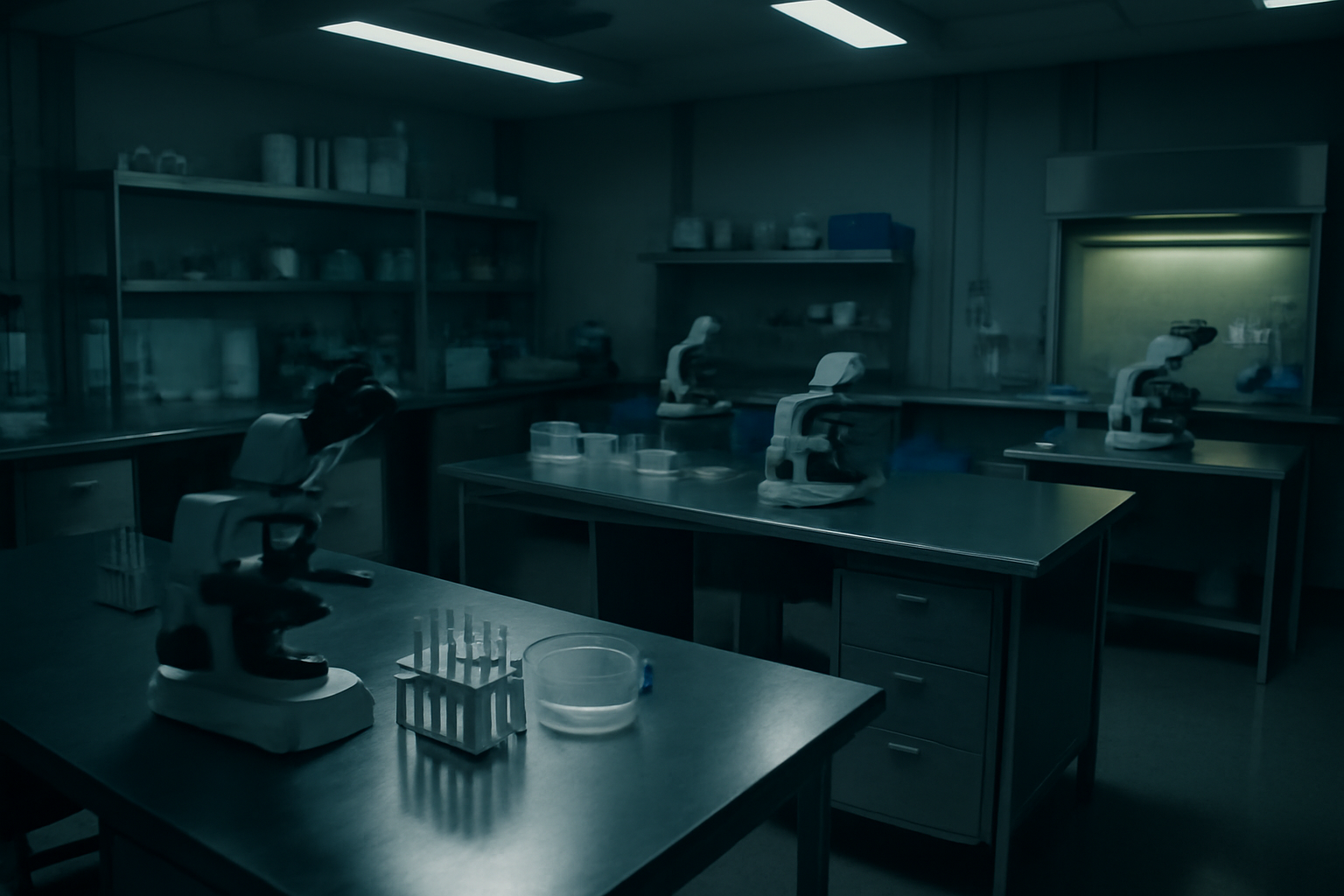 Empty university biomedical research lab with unused equipment and dimmed lights
