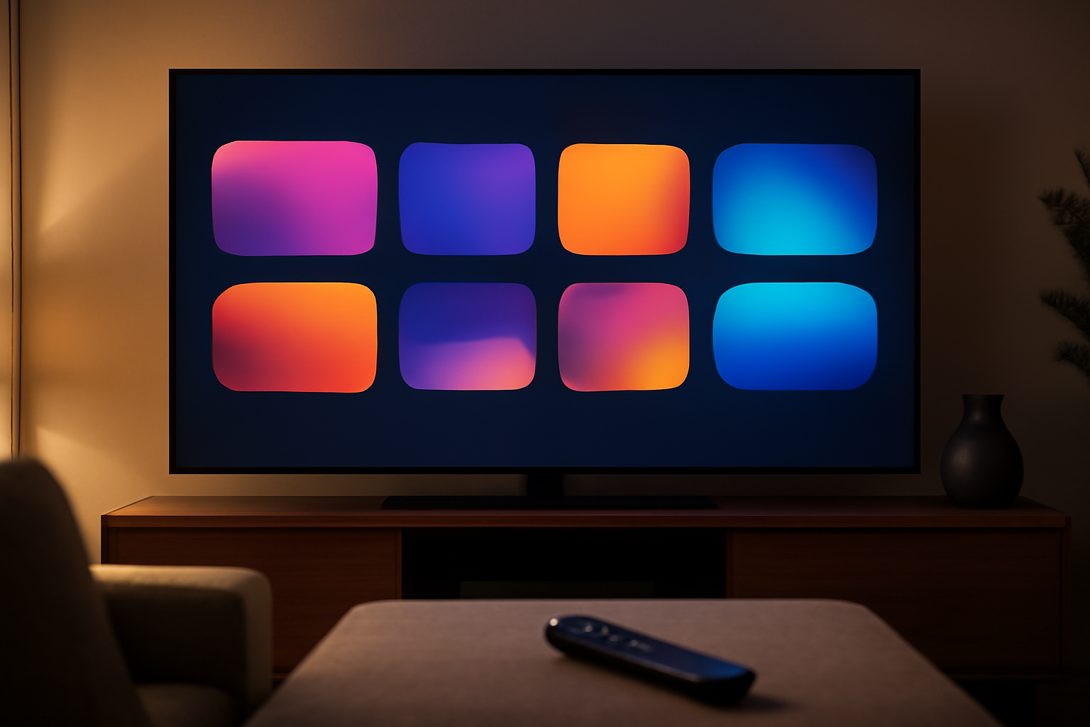 Television remote control pointed at a screen displaying streaming service logos merging together