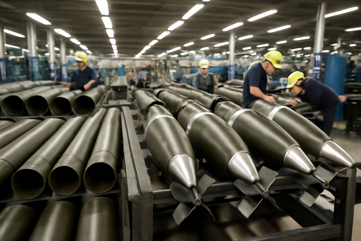 Missile casings arranged in rows on a defense factory assembly line under industrial lighting