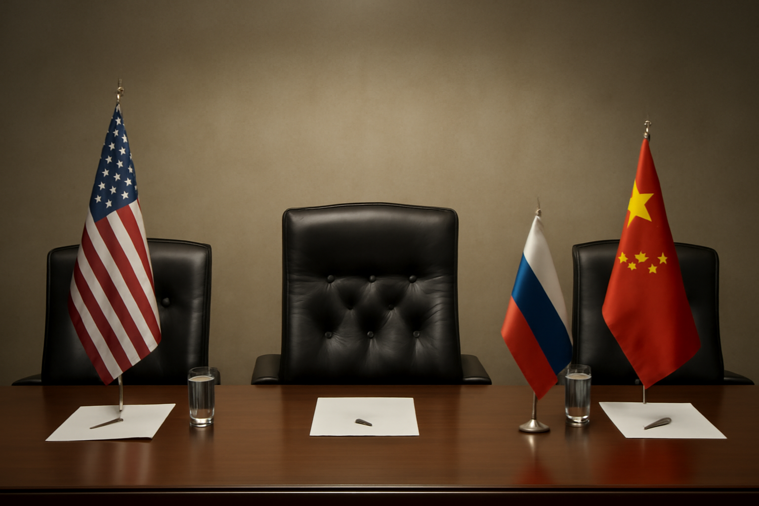 Empty chair at a summit table beside flags of the United States, Russia and China