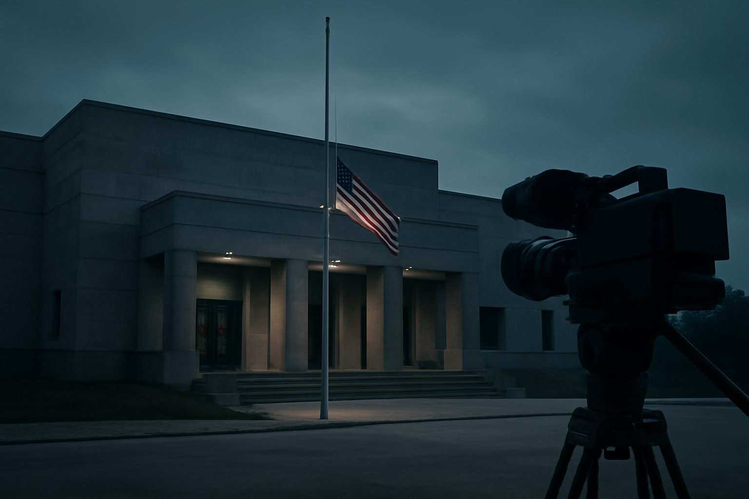 Military courtroom gavel and firing squad silhouette beside a television broadcast camera