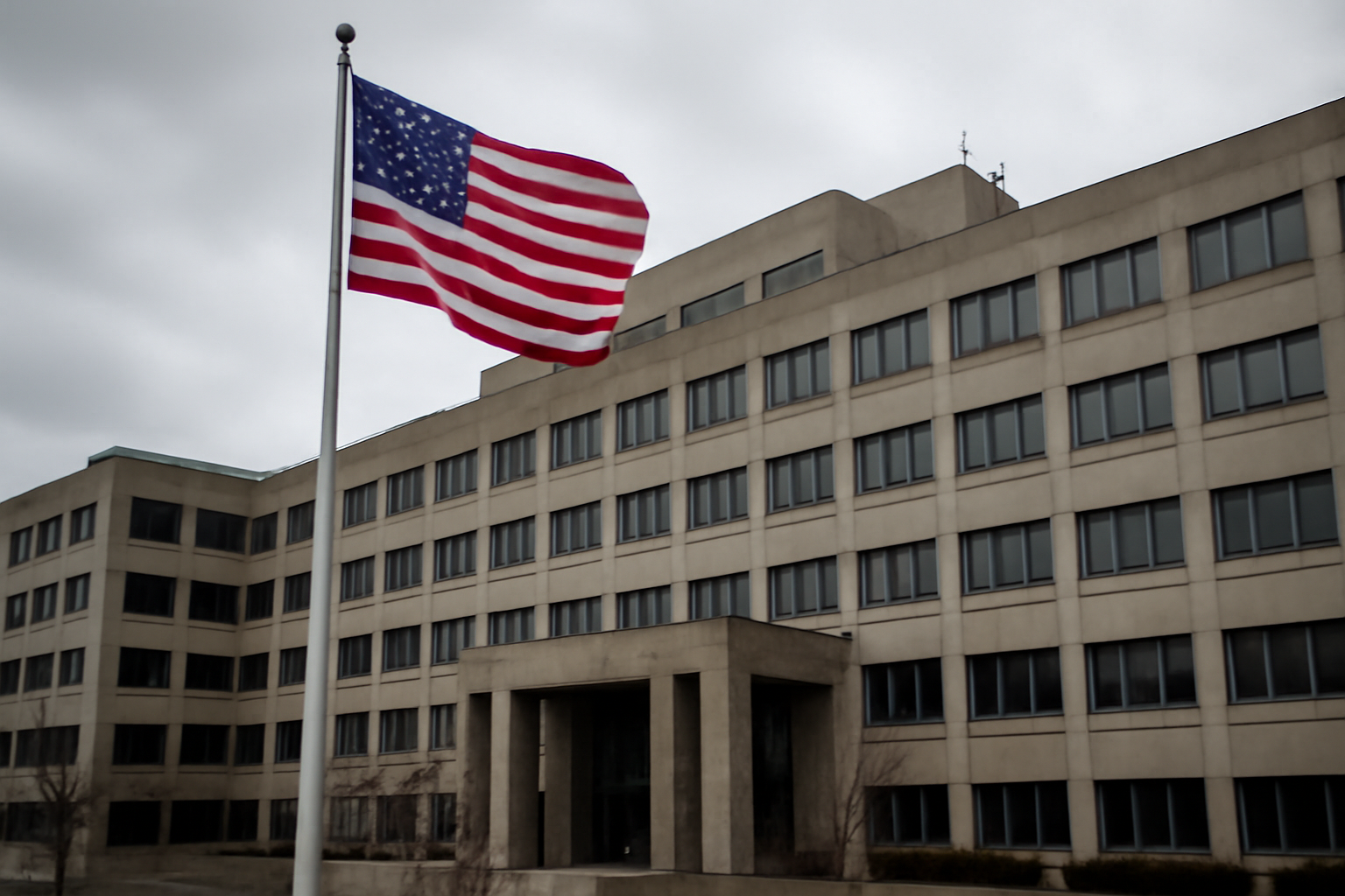 The Department of Homeland Security headquarters building with an American flag outside on an overcast day