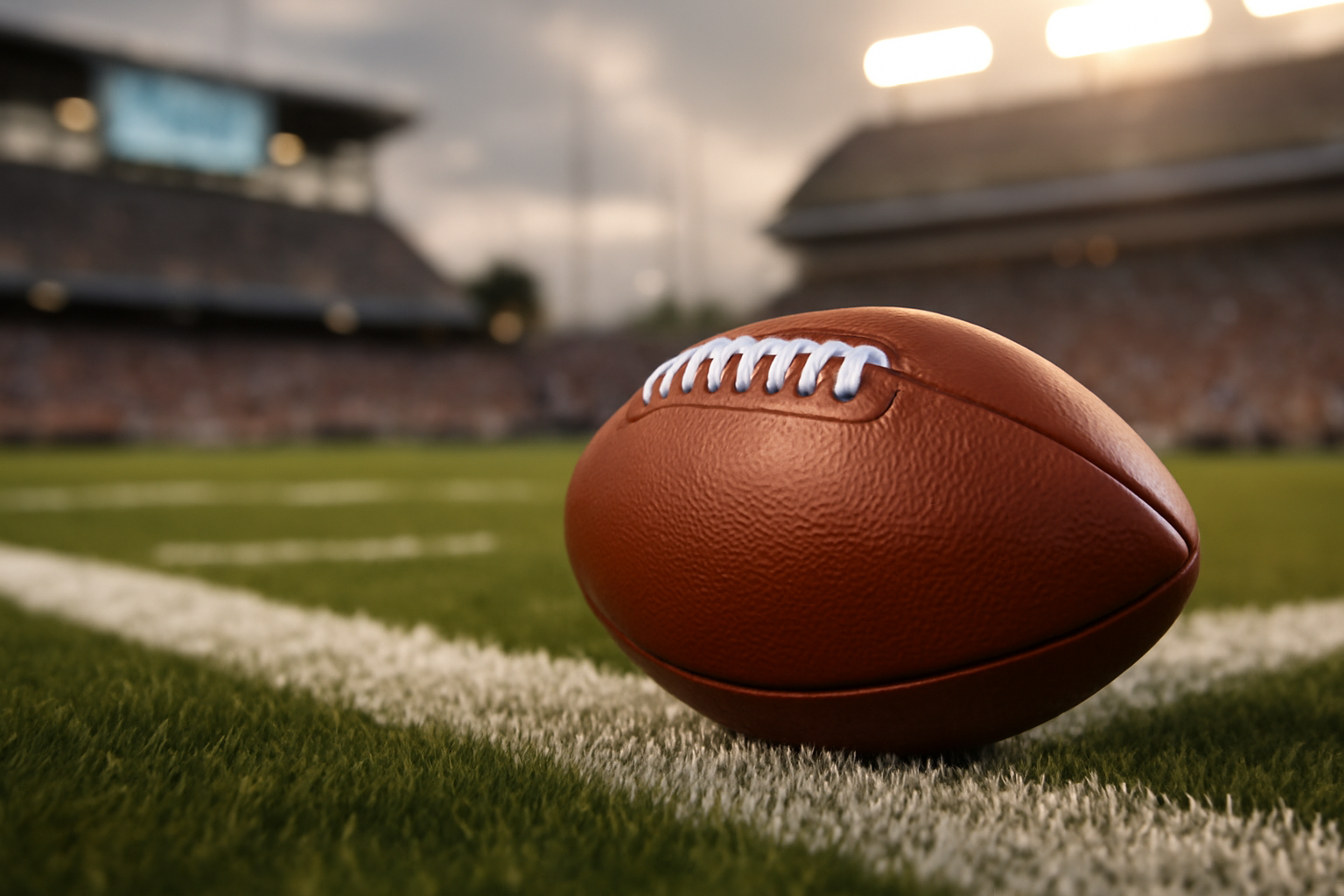 Football on a stadium field with scoreboard lights in the background during an NFL game