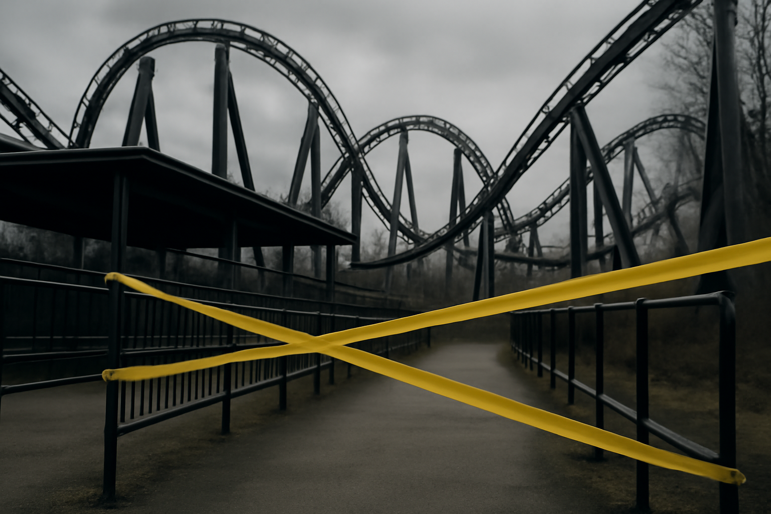Closed roller coaster track with caution tape at an empty amusement park