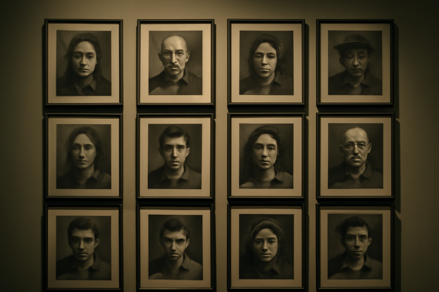 Twelve black-and-white portrait photographs of detained Eritrean writers arranged in a grid