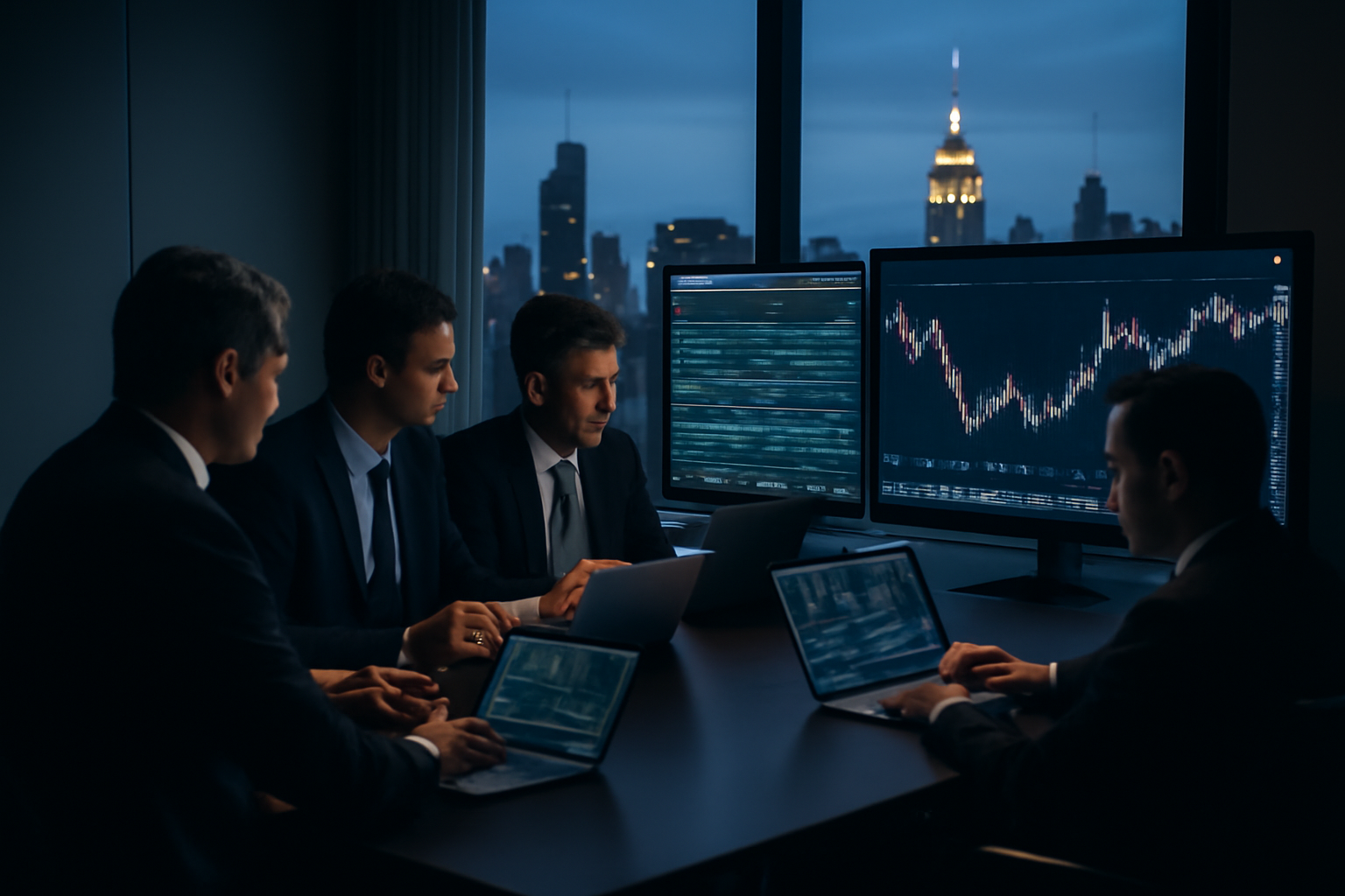 Traders and officials reviewing market data screens near a United Nations General Assembly briefing room