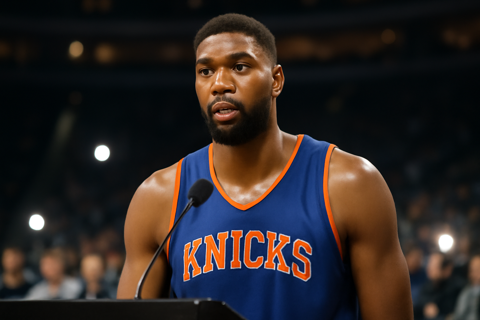 Karl-Anthony Towns in a Knicks jersey speaking to reporters at a press scrum