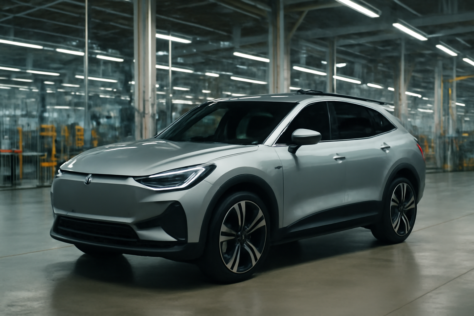 A silver Bentley Torcal electric SUV displayed on a factory floor in Crewe with visible aluminum body panels