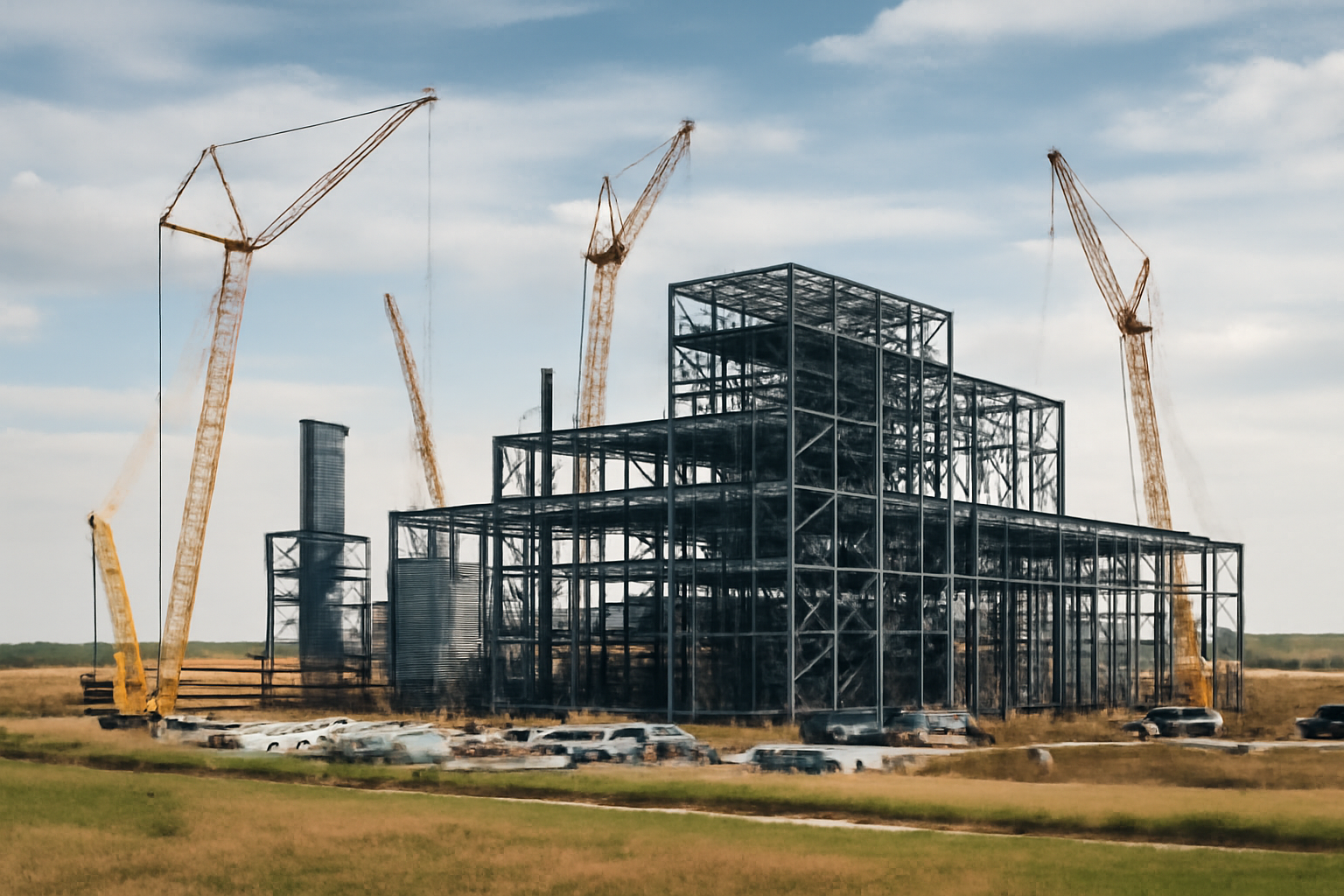 Steel mill construction site with cranes and structural framework under a clear sky in rural Iowa