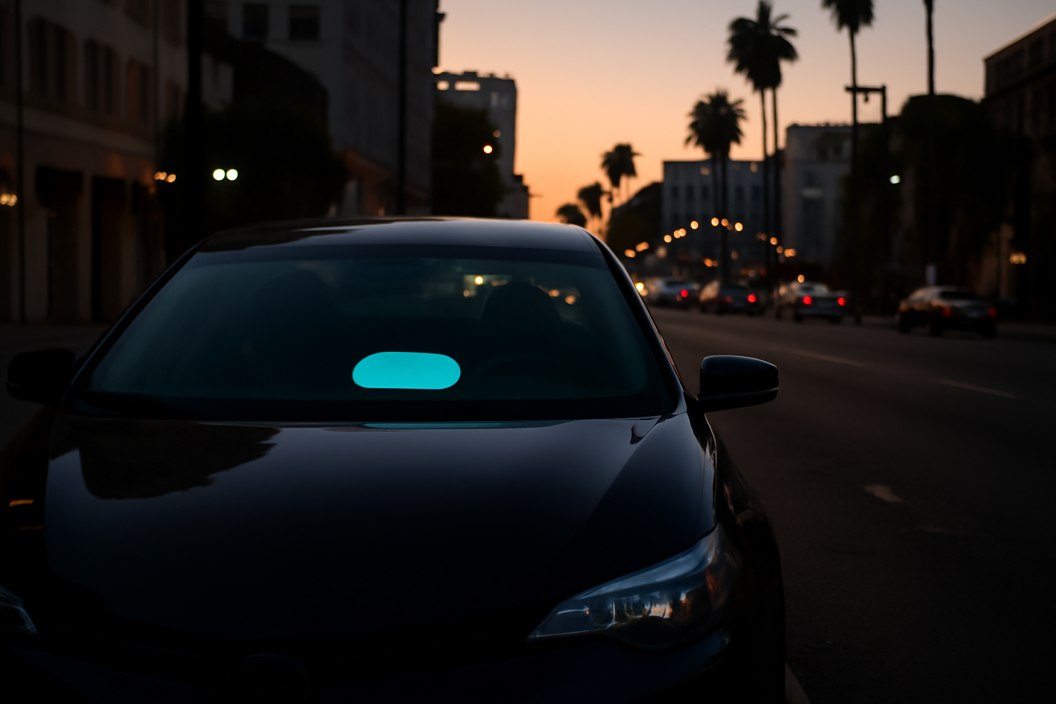 A Lyft driver's car parked on a California street with a rideshare sign illuminated in the windshield
