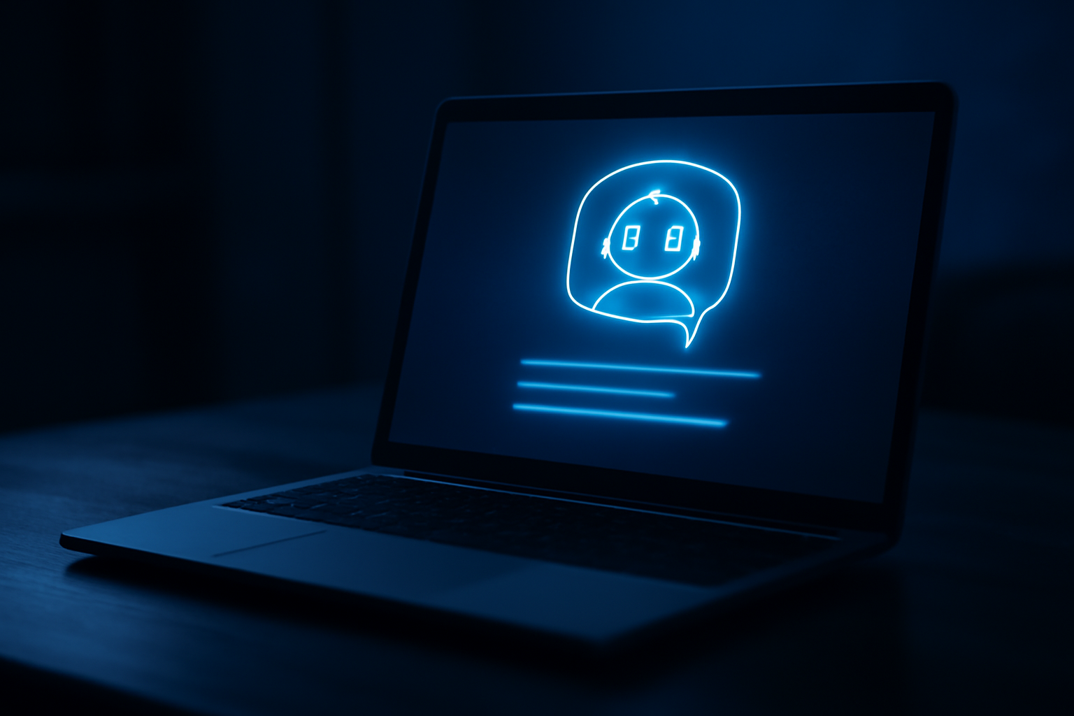A laptop screen displaying an AI chatbot interface in a dimly lit room