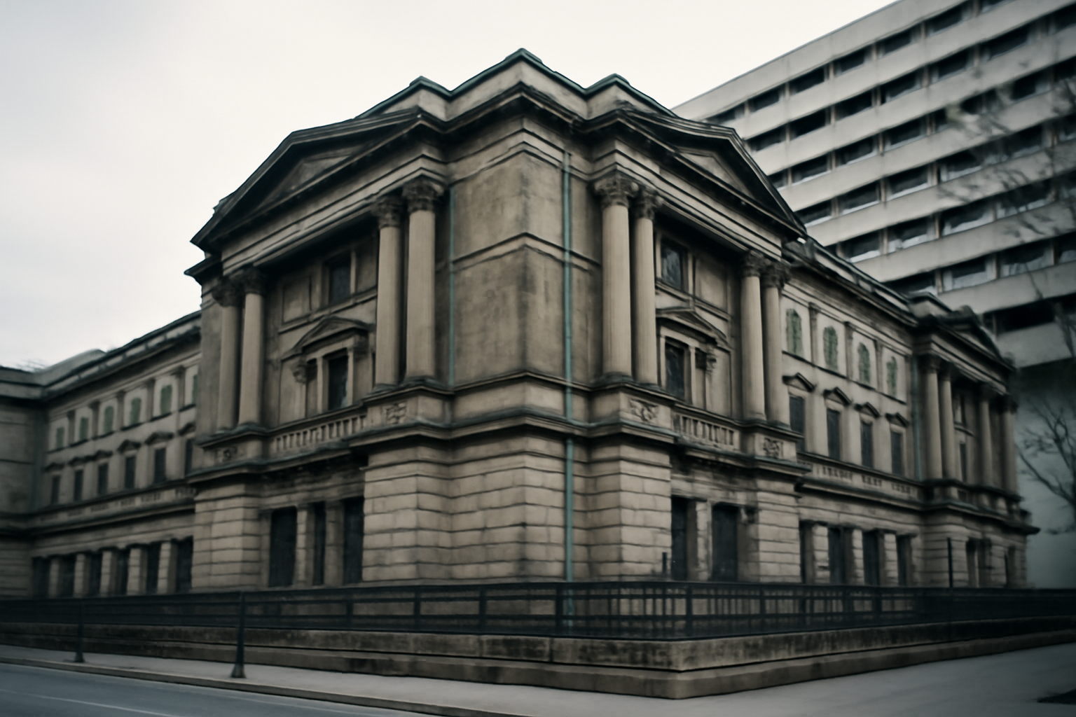 Bank of Japan headquarters building in Tokyo with Japanese flag visible
