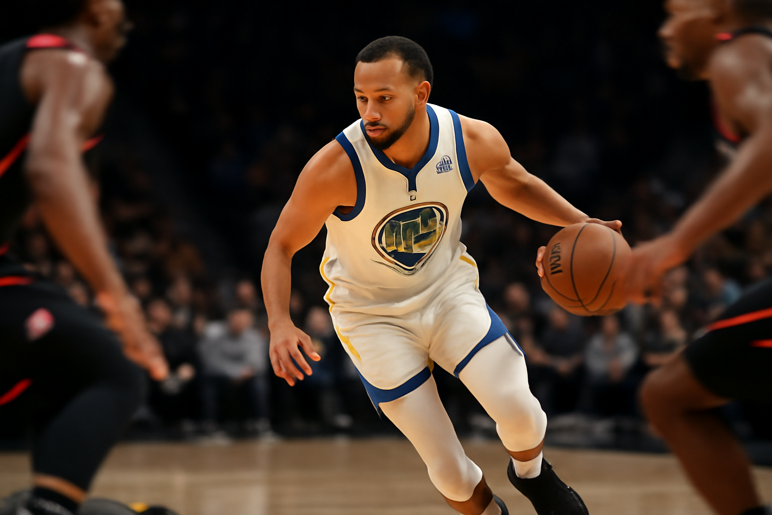 Golden State Warriors guard Stephen Curry playing in an NBA game against the Brooklyn Nets
