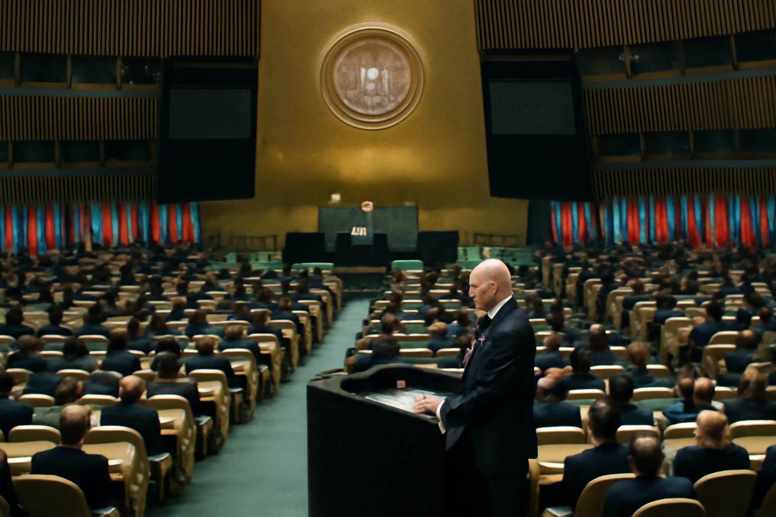 President Trump speaking at a podium before delegates in the United Nations General Assembly hall